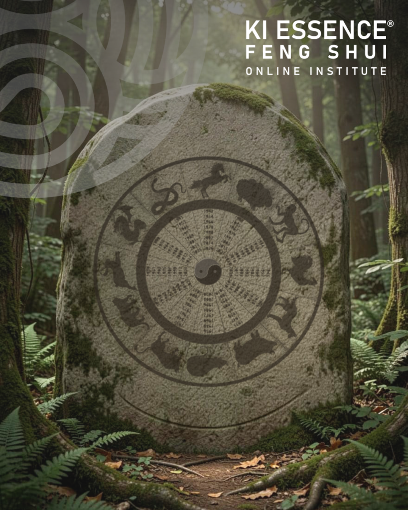 mapa de bazi, esculpido numa pedra, no meio de uma floresta